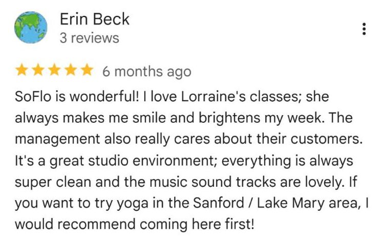 5-star Google review of SOFLO Hot Yoga in Lake Mary, FL